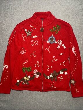 Vtg Designers Originals Studio Christmas Sweater Red Zip Gingerbread Small